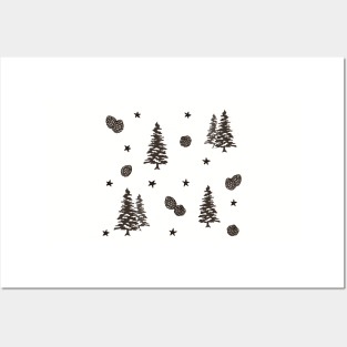 Wintery Pinecone, Snowy Tree and Stars Pattern Digital Illustration Posters and Art